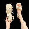 Footwear Beige One Word Sandals for Woman with Low Heels Summer 2024 Rhinestones Women's Shoes Diamond Trend Chic and Elegant H