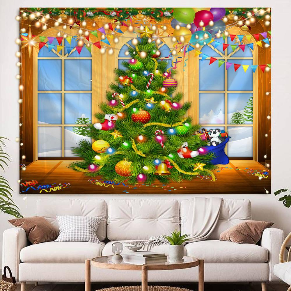 Home Decoration Happy Christmas Scene Christmas Tree Fireplace Candle Tapestry Bedroom Living Room Dormitory Wall Decoration
