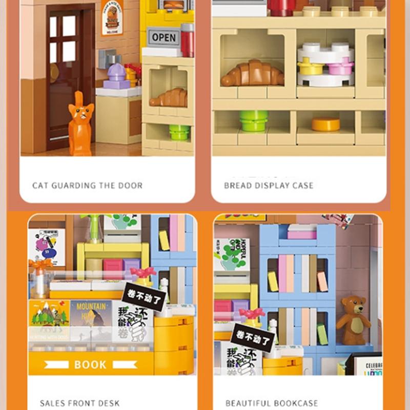 НОВЫЙ Кафе Пекарня Книжный магазин Лечение питомцев Вид улицы Еда Дом Набор строительных блоков Девочки Кирпичики Модель Детская игрушка Дети