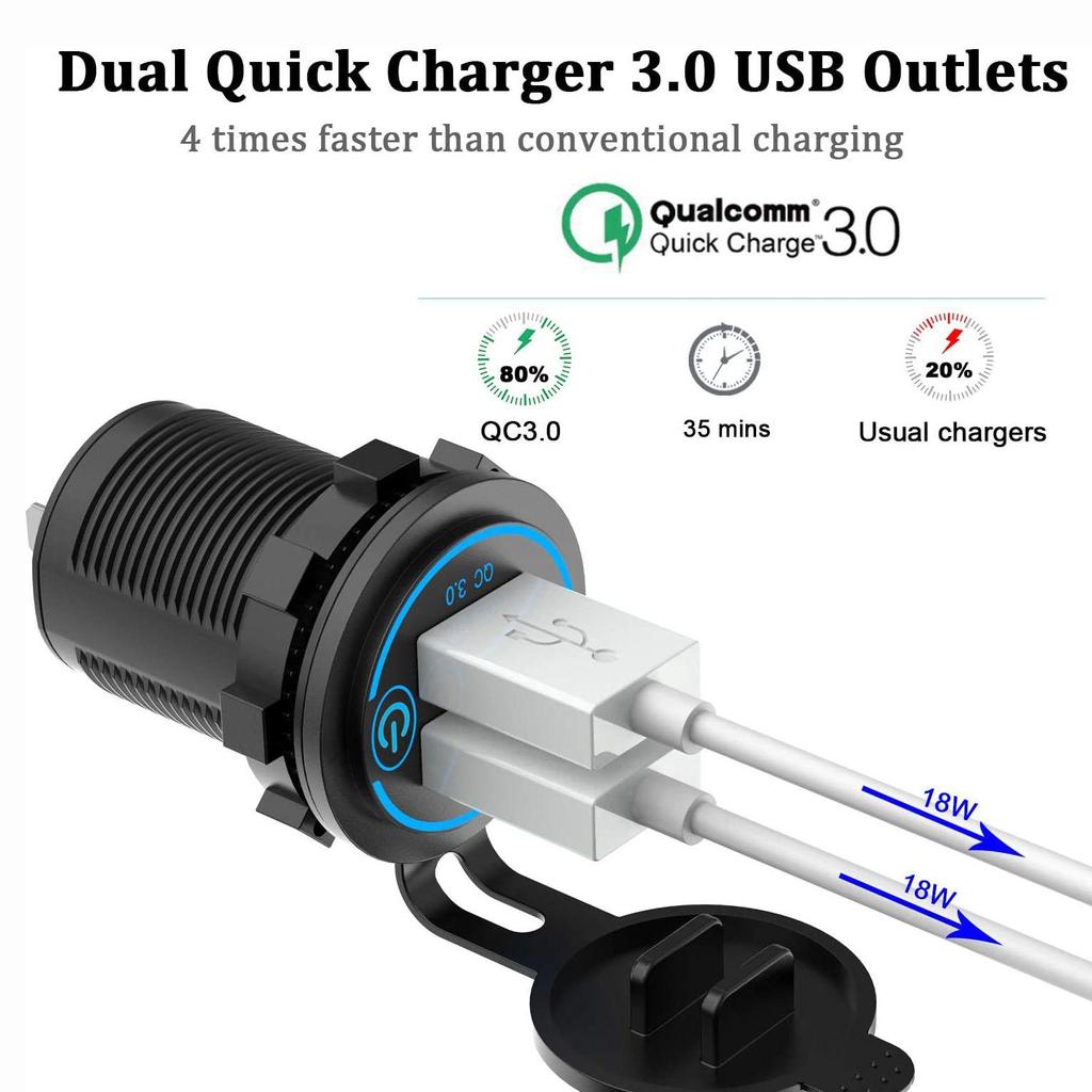 Быстрая зарядка 3.0, двойное зарядное устройство USB, водонепроницаемая розетка USB 12 В/24 В, двойное зарядное гнездо с сенсорным переключателем, набор «сделай сам» для автомобиля, гольф-кара, лодки и многого другого