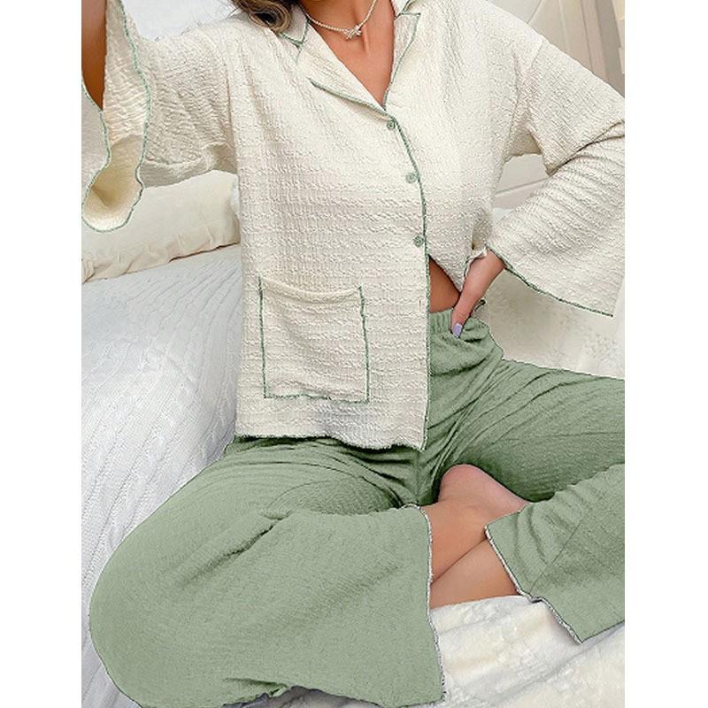 Womens Long Sleeve Pajama Set Fall Winter Collared Cardigan Loungewear Two Piece