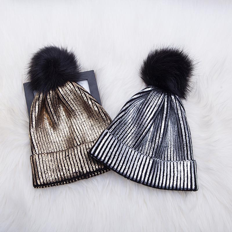Hair Ball Warm Knitted Metallic Shiny Girl Autumn Winter Soft Crochet Cute Pompom Cap Beanie Windproof Solid Women Hats