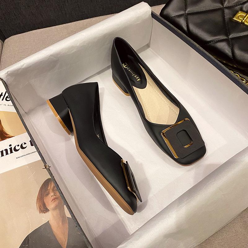 Women Fashion Pumps OL Square Buckle High Heels Shoes Ladies Decoration Leather Casual Shoes Big Size 35-43