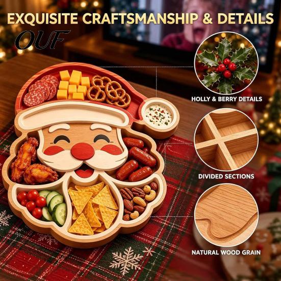 Christmas Snack Serving Tray Tree Platter, Wooden for Holiday Parties, Multi-Compartment Food Display Candy Plate Parties Cheese Fruit Nuts,