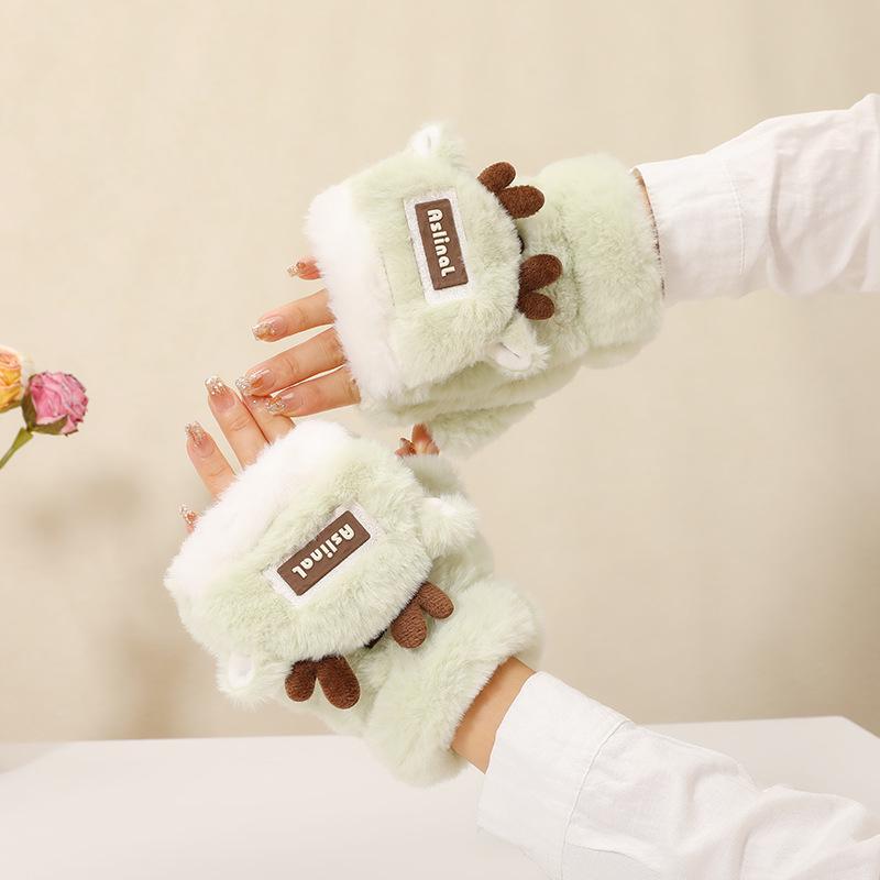 Женские зимние теплые перчатки с откидными пальцами и цветными блоками с оленями - на флисовой подкладке, утолщенные и морозостойкие для письма и езды на велосипеде