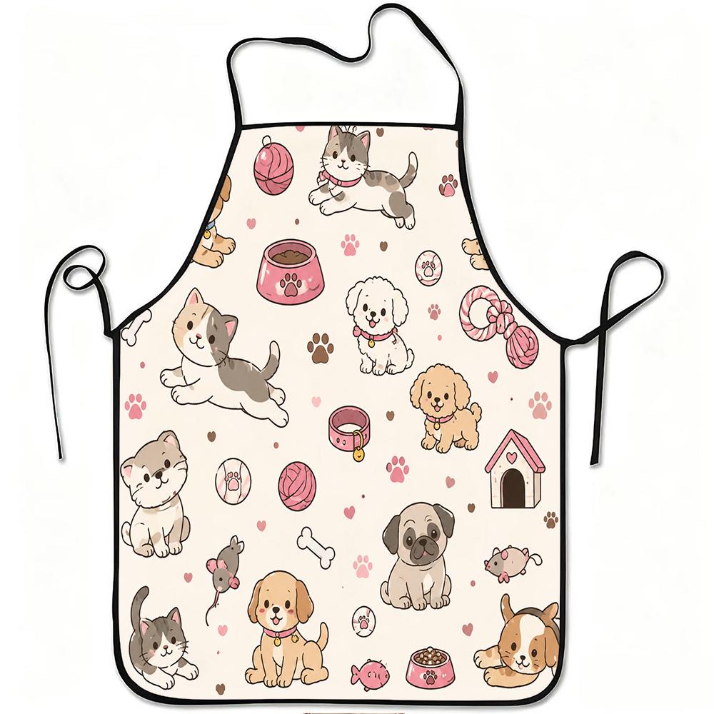 1pc Cute Puppy & Kitten Apron with Adjustable Waistband - Durable Easy-Clean Diagonal Stripe Polyester Suitable for Cooking, Gardening, Picking, for &