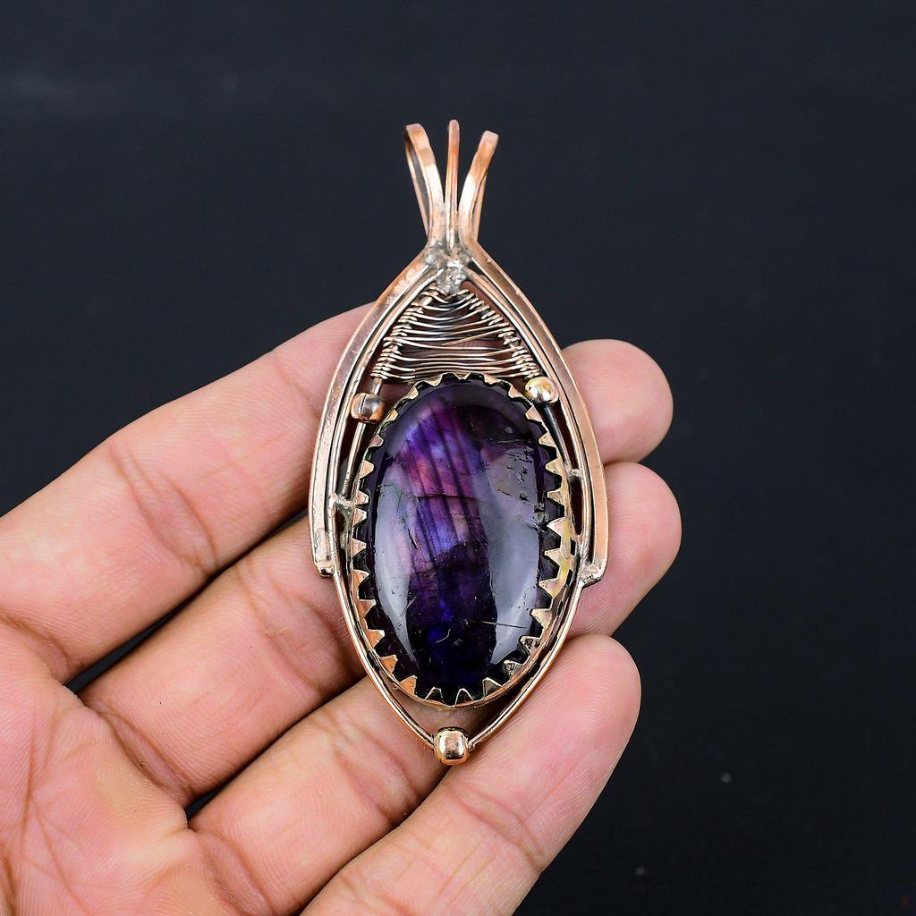 Purple Flash Labradorite Gemstone Jewelry Pure Copper Wire Wrapped Handmade Pendant