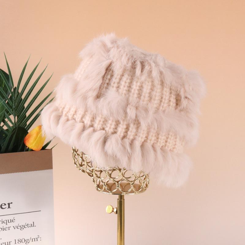 Winter Rabbit Fur Hat Female Face Small Versatile Hairy Bucket Hat Plush Knitted Wool Hat