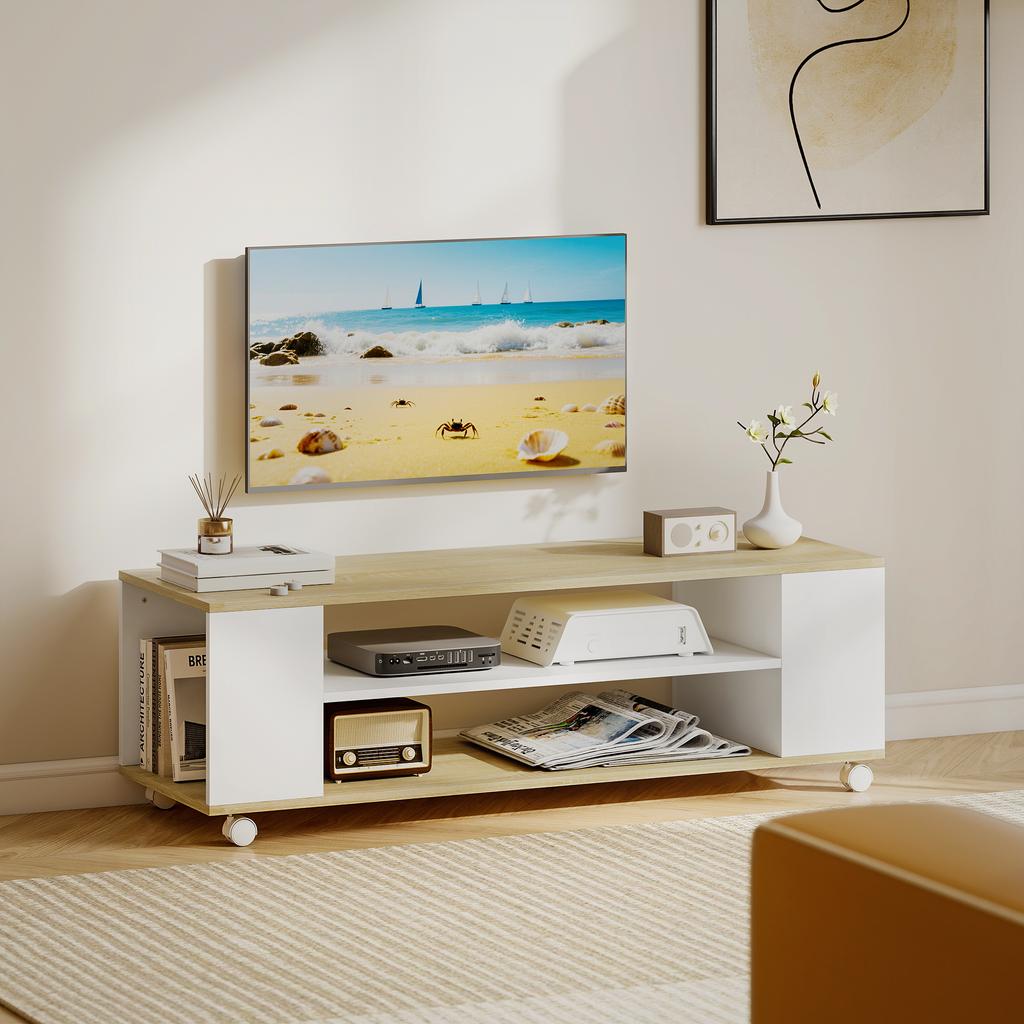TV Cabinet With Wheels 120 Cm TV Stand For TVs Up To 55 Inches 2 Open Shelves White And Natural