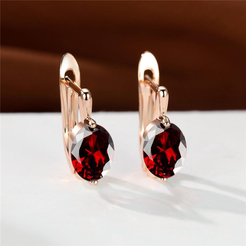 Exquisite Gold Color Oval Cut Red Blue Green Aqua Stone Hoop Earrings Woman Huggie Stud Wedding Birthday Gift Jewelry Bridal Lady Earrings