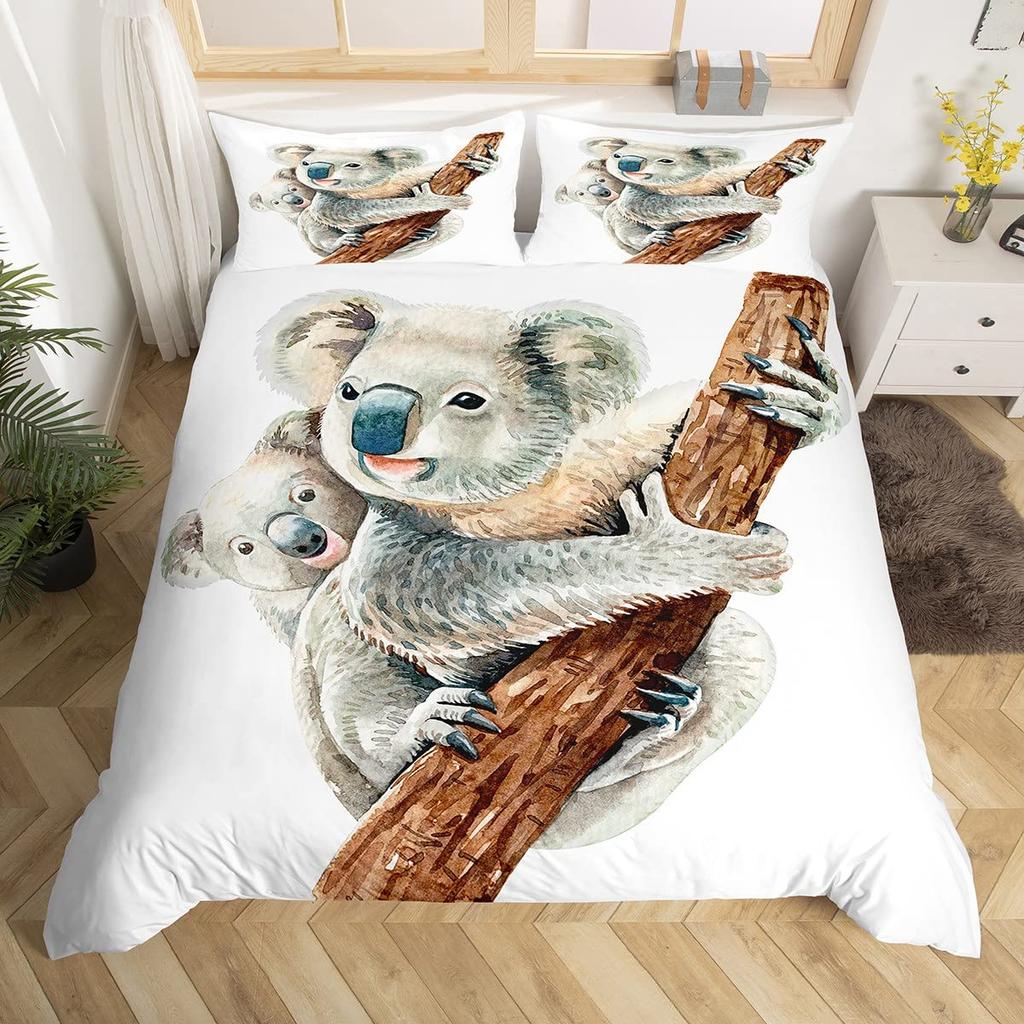 Koala Duvet Cover Set Blooming Floral Branch Bear Comforter Palm Tree Leaf Wildlife Cartoon Polyester Quilt