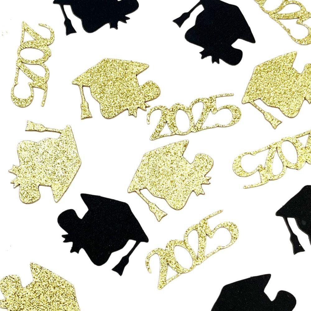 100PCS Cardstock 2025 Graduation Cap Confetti Black & Golden Paper Scatter Decor  Grad Parties