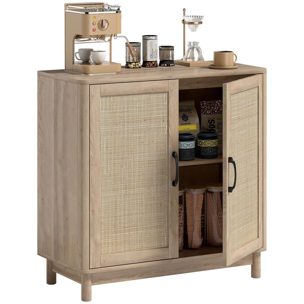 Living Room Sideboard, 2 Rattan Doors, Adjustable Shelf, Rounded Edges, 76 x 35 x 75.5 cm, Oak