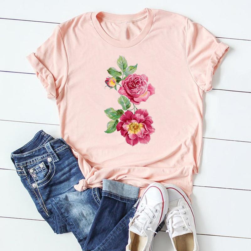 (Азиатский размер) Женская футболка с милым цветочным принтом и короткими рукавами, женская одежда, летняя модная повседневная футболка с графическим принтом