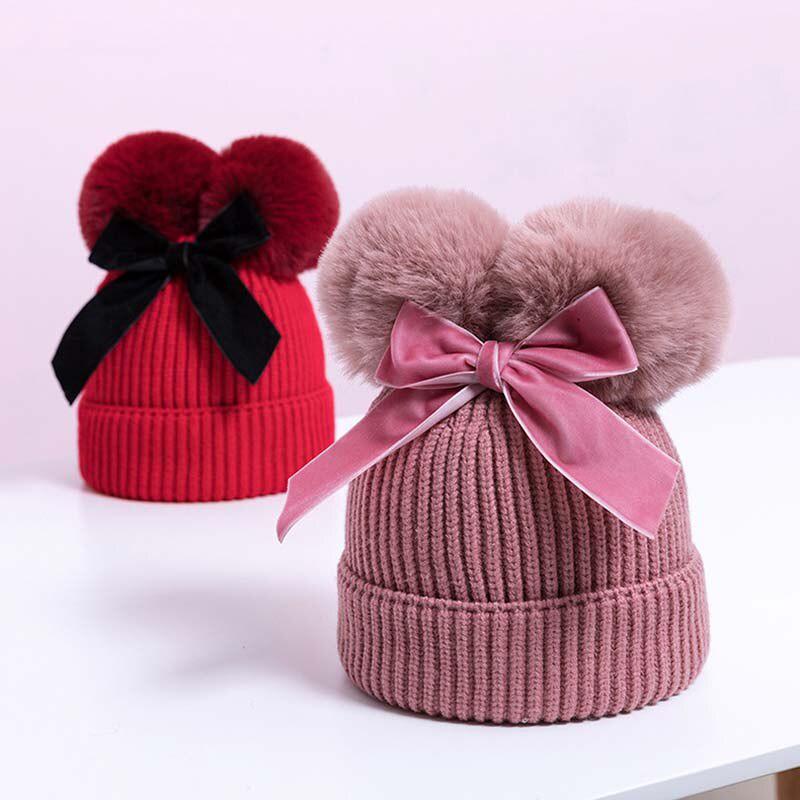 Double Pompom Baby Girl Bonnet Hat Winter Knitted Warm Thicker Children Beanie Cap