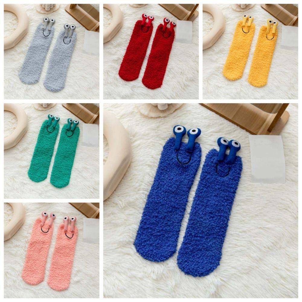 Cartoon Funny Tube Socks 3D Eyes Furry Plush Sock Kawaii Coral Fleece Socks  Girls