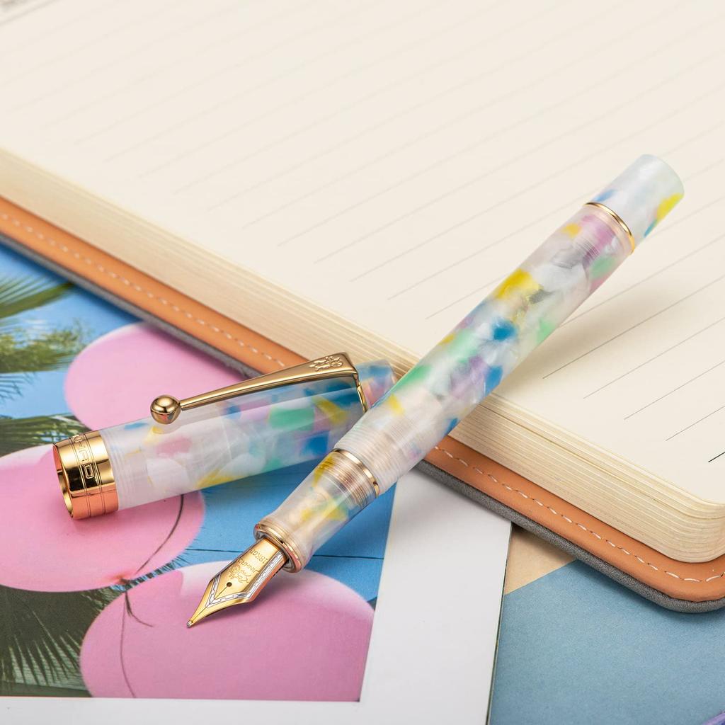Jinhao 100 Classic Fountain Pen Rainbow Marble Medium with Converter and Pen Case Set Celluloid, Nib,