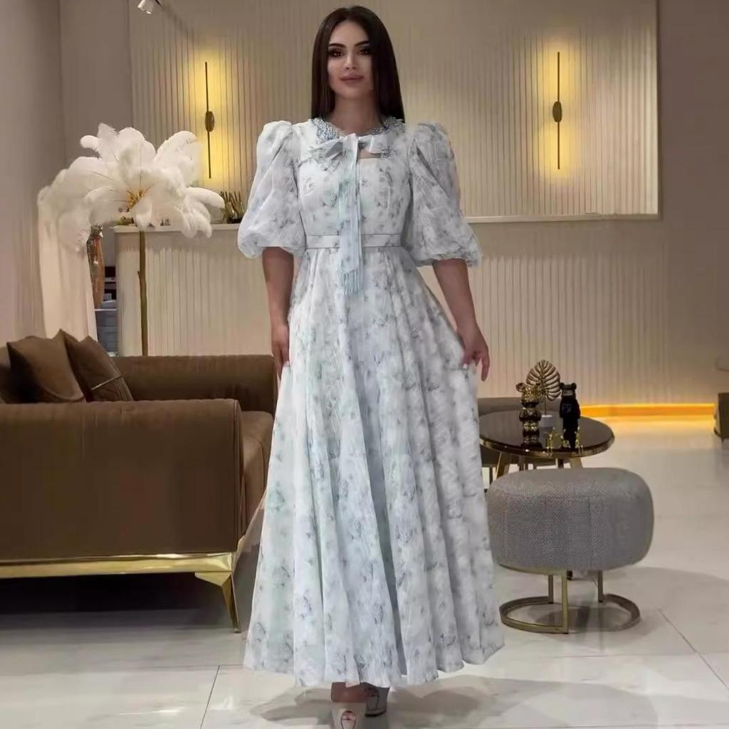 Летнее женское милое французское длинное платье с пышными рукавами и сборкой на талии для чаепития