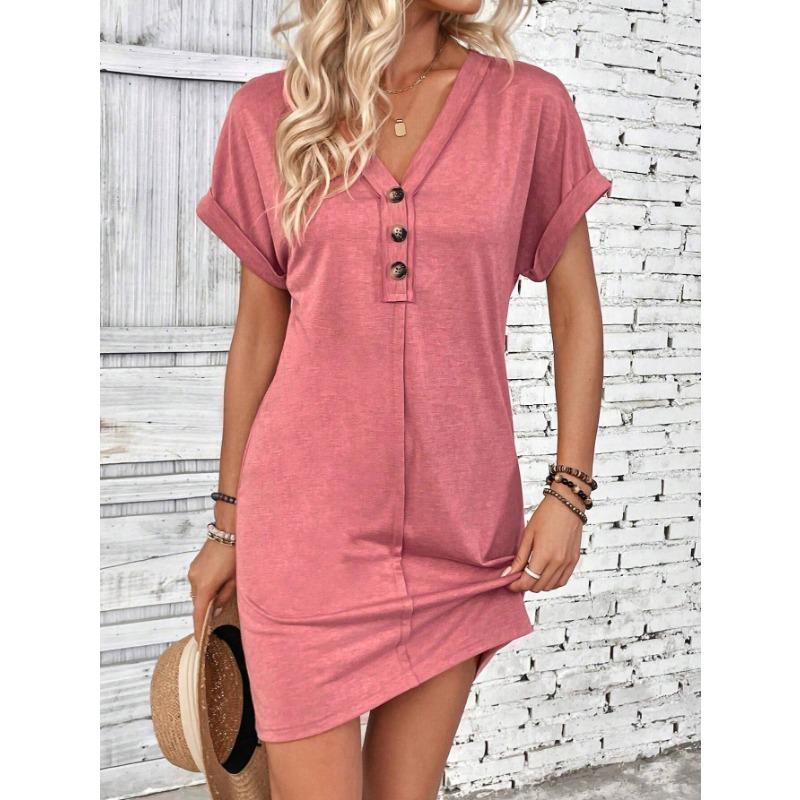 Летнее женское модное универсальное платье с пряжкой, V-образным вырезом, закатанными рукавами, однотонное платье