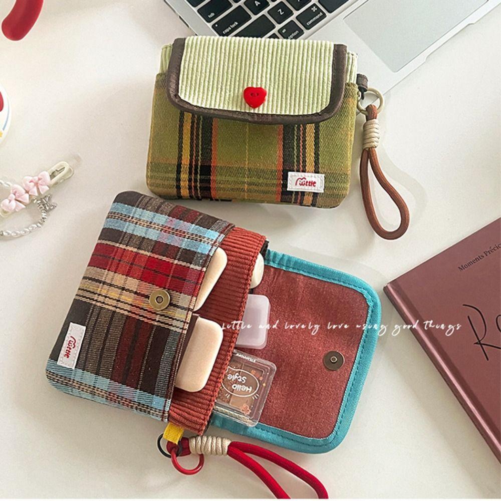 Large Capacity Mini Cosmetic Bag Corduroy Cotton Cloth Sanitary Napkin Storage Bag Small Item Bag Makeup Bag Grid Pattern Purse