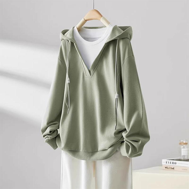 Женский весенне-осенний корейский новый пуловер с воротником с капюшоном, модный дизайн, поддельная футболка из 2 предметов, свободные большие универсальные топы с длинными рукавами