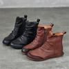 Johnature Retro Genuine Leather Flat Bottom Short Boots Round Toe Side Zipper Solid Color Women's Boots