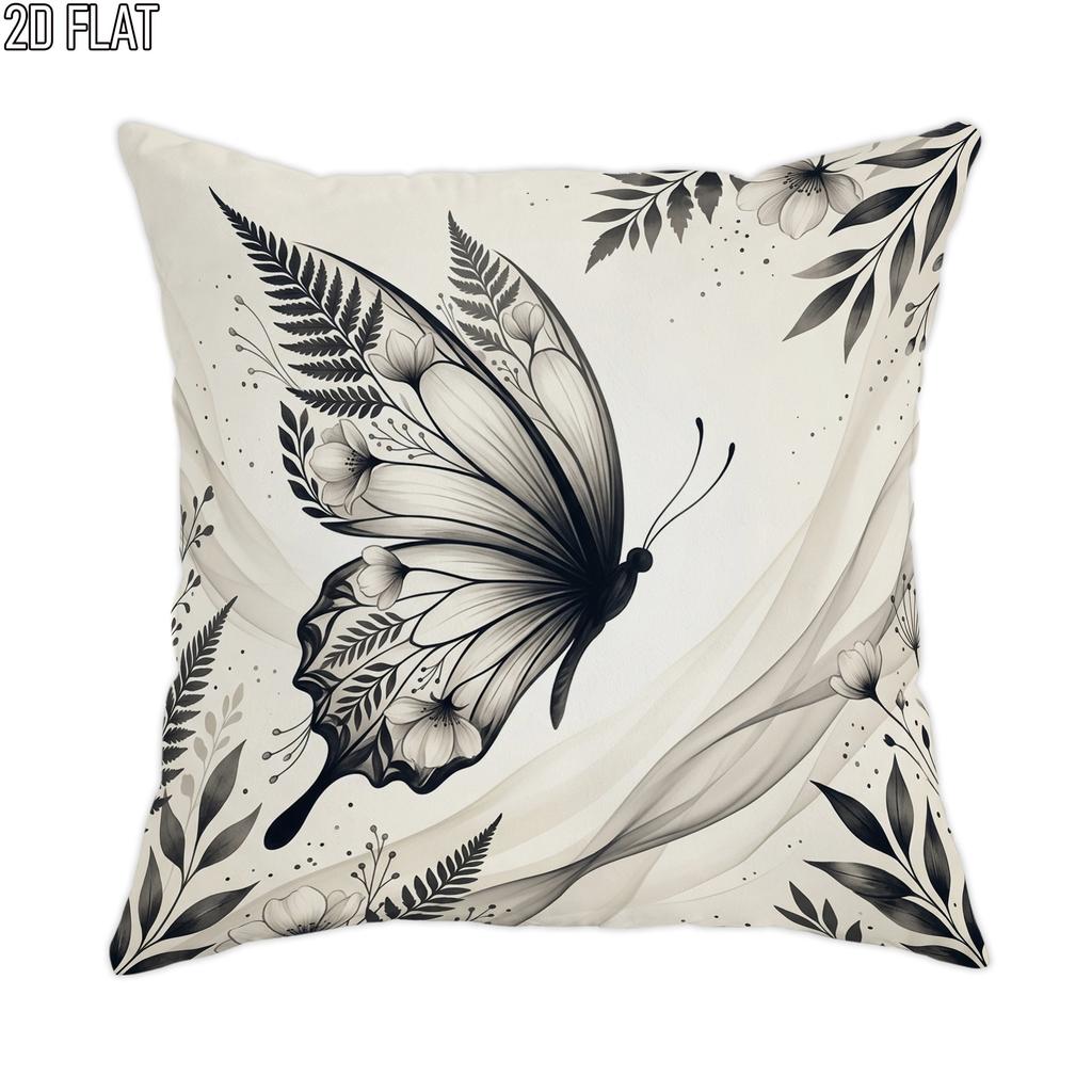 2D Flat 1pc Outdoor Pool Party Spring Floral Butterfly Throw Pillow Covers Black White Elegant Deco