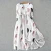 Women's Fashion Vintage Floral Print Lapel Button Three Quarter Sleeves Strappy Dress