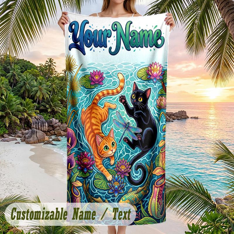 Cats Colorful Dream Theme Quick Dry Beach Towel Custom Name Text Print Large Sand Resistant Towel Beach Vacation