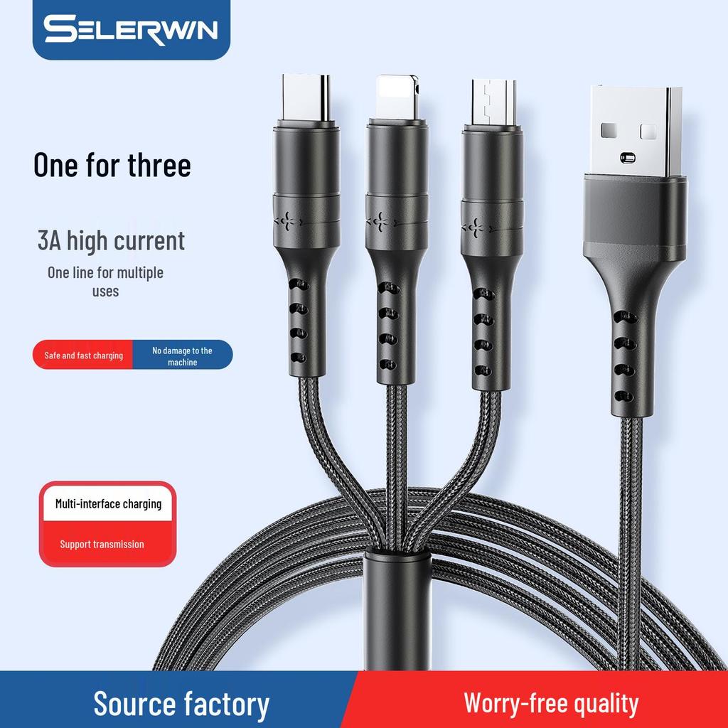 One-to-Three Braided Fast Charging Cable for Apple and Android Devices, USB-C Supported