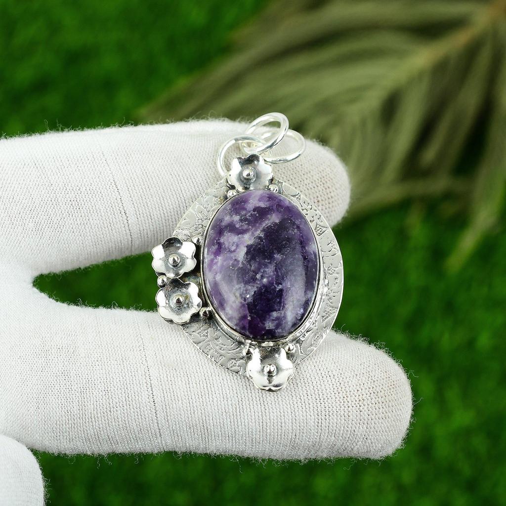 Подарок на годовщину для нее Подвеска с натуральным камнем лепидолитом Серебро 925 пробы
