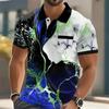 Stylish geometric line pattern short-sleeve polo shirt with pocket, casual and trendy.