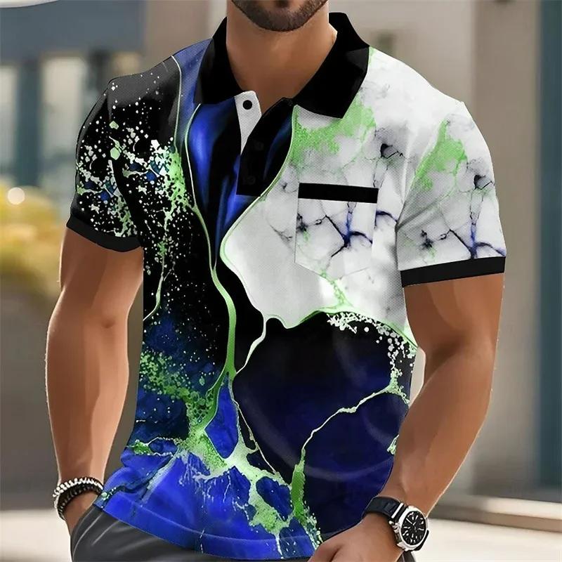 Stylish geometric line pattern short-sleeve polo shirt with pocket, casual and trendy.