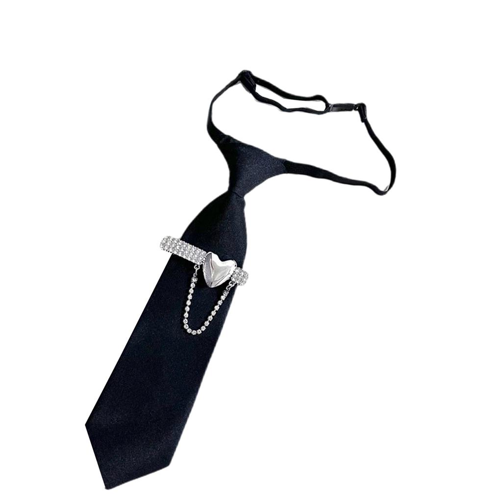 Pre Tied Tie With Metal Heart Rhinestone Design Classic Black Necktie For Business Casual Wear Easy Adjustable Alloy Buckle