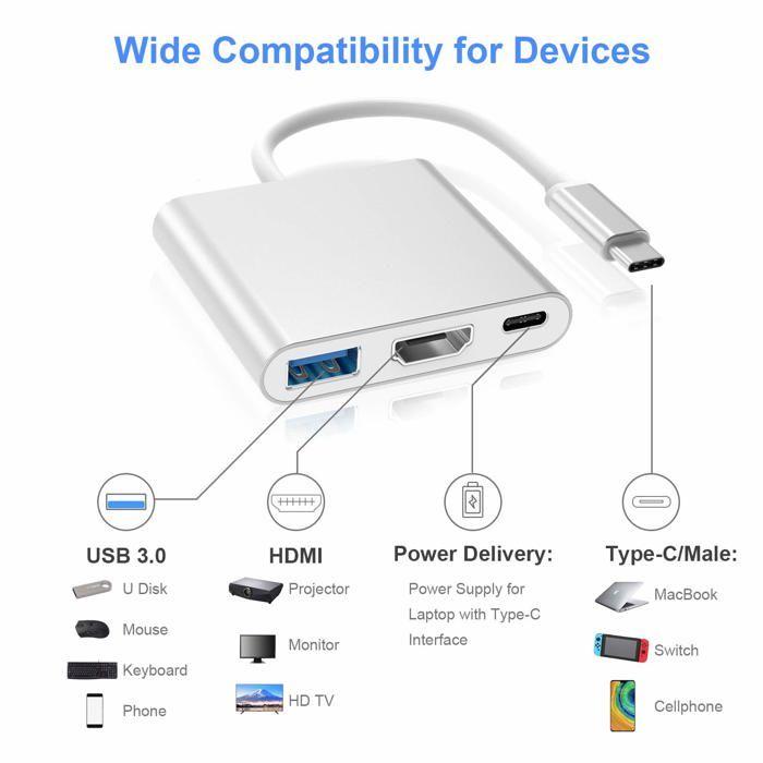 Адаптер Type C - Не указано - Хаб HDMI 4K - USB 3.0 - Зарядка C - 3 Порта