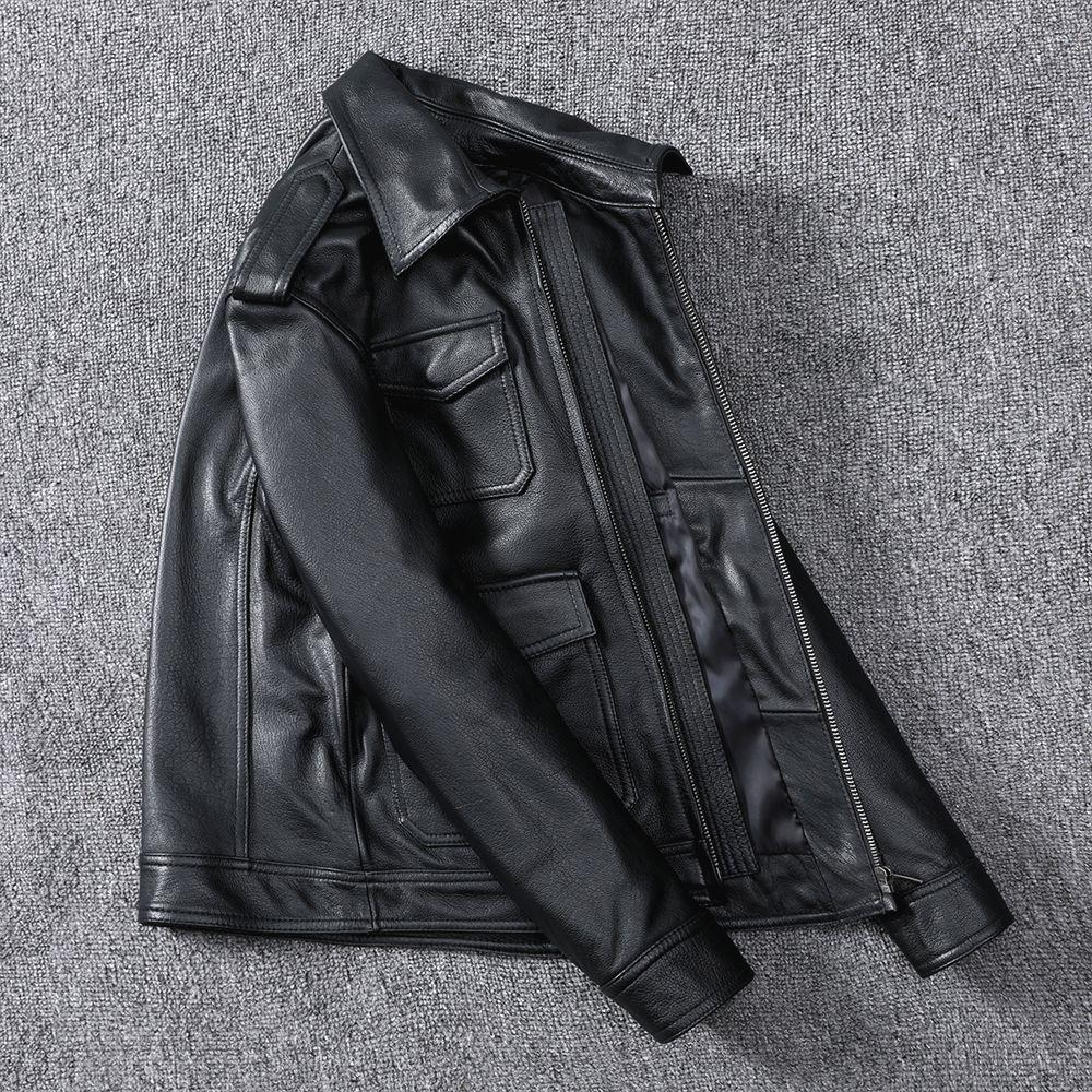 Куртка из натуральной кожи из чистой коровьей кожи для мужчин, мотоциклетная, короткая, с лацканами, многокарманная кожаная куртка