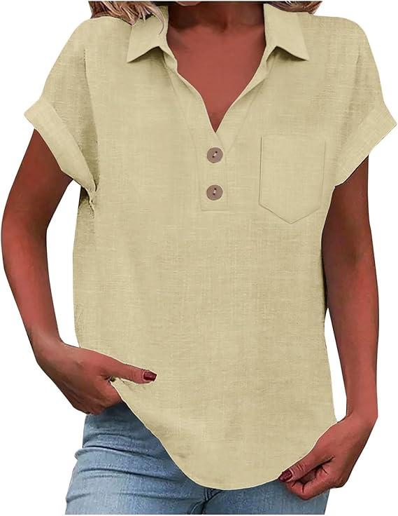 Европейская женская хлопково-льняная рубашка с коротким рукавом, отложным воротником и пуговицами