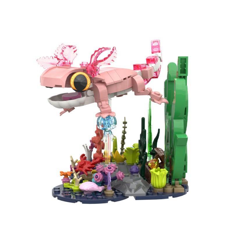 MOC Pixel World Axolotl Building Blocks Mexican Pink Leucistic Water Dragon Animal Model Kit with Feathery Gills Toy Gift