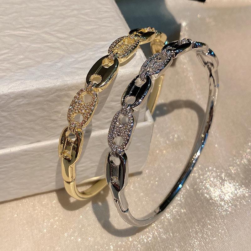 Новый браслет в форме свиного носа с инкрустацией из бриллиантов на половину лица, женский легкий роскошный позолоченный браслет ручной работы