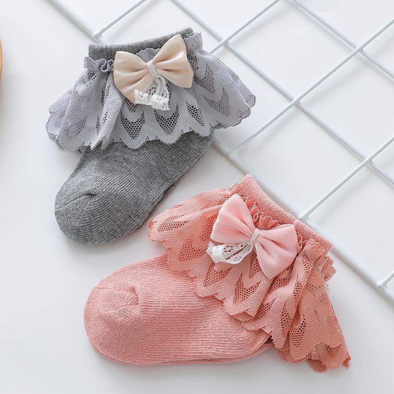 Princess Baby Lace Ruffle Socks Spring Summer Toddler Short Sock Solid Color Infants Girls Bow Socks 6-36M Kids Cotton Footwear