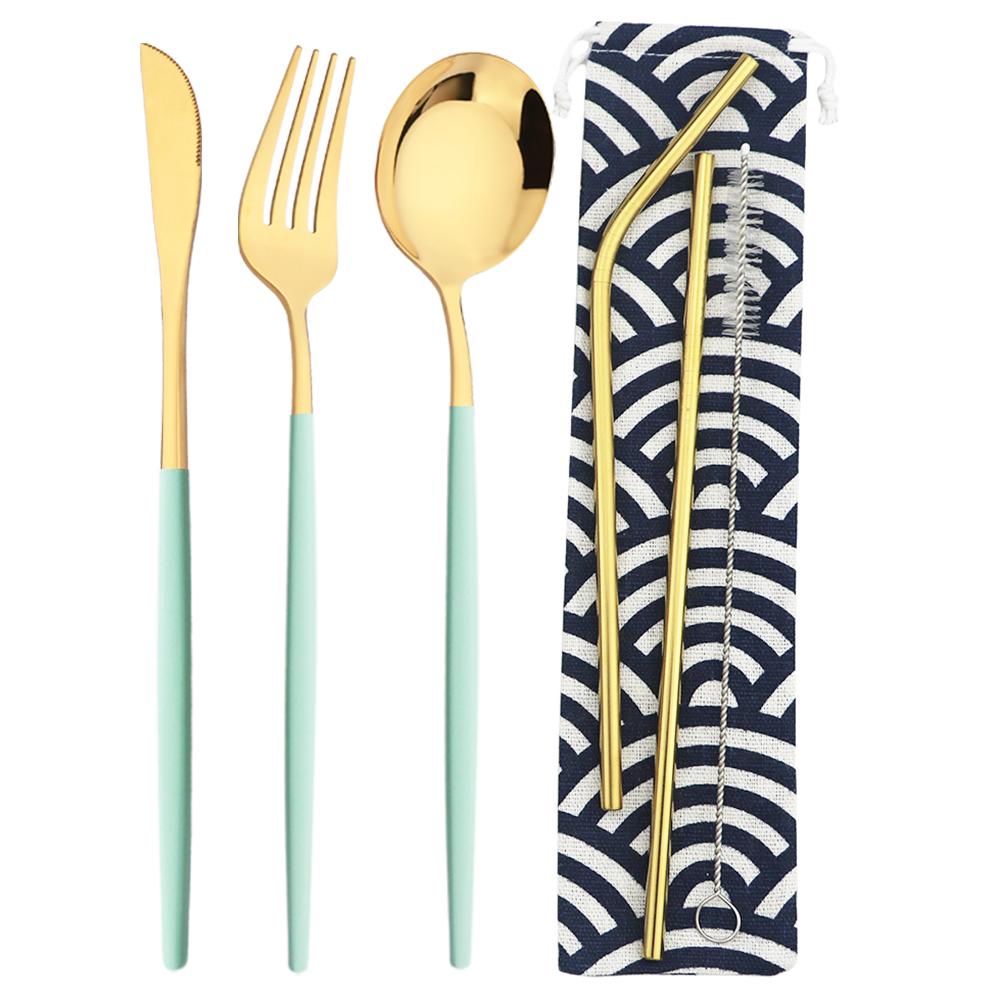 6 шт., набор столовых приборов для кемпинга, дорожный набор столовых приборов, нож, вилка, ложка, соломинка с портативной сумкой, набор посуды из нержавеющей стали