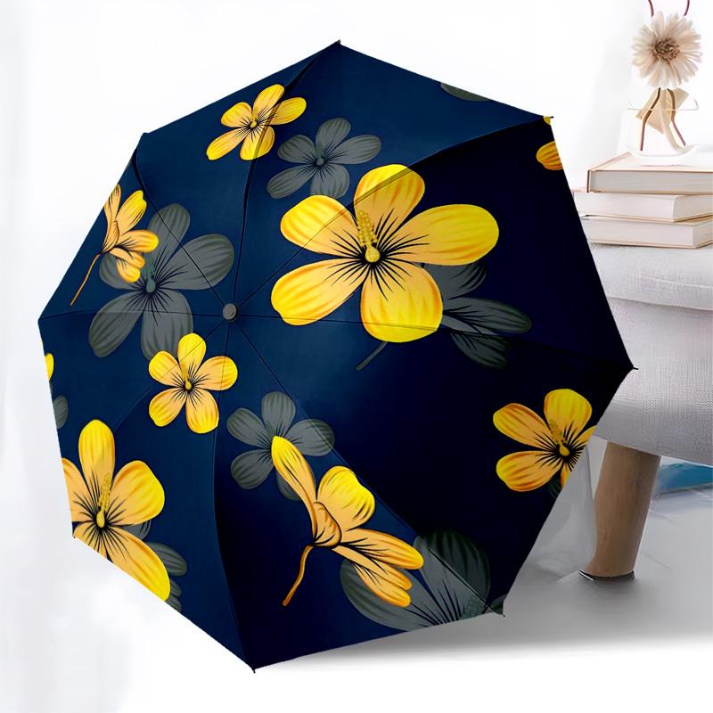 1pc Yellow Flowers Pattern Navy Blue Background Umbrella with Plastic Handle,Compact & Stylish,Suitable for All Seasons ptys26086
