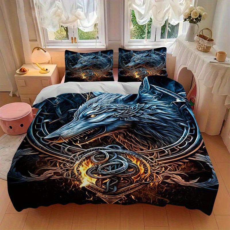 3pcs Wolf Flame Bedding Set Down Comforter Cover and Pillowcases, Suitable for All Seasons(No Insert)-0729070