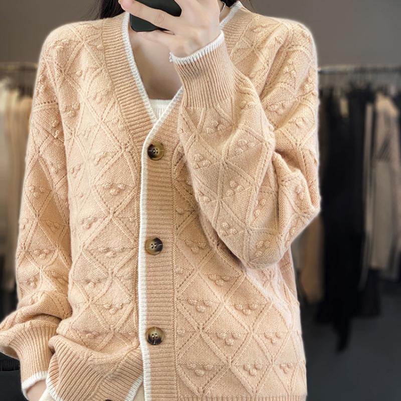 V-образный вырез Простой Цветные блоки Алмазная луковица Полностью шерстяная куртка на пуговицах Удобная посадка Повседневная Осень и Зима Последний вязаный кардиган для женщин