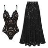Navy Black Laser Cutting Flower Hollow One Piece Swimsuit and Skirt  Women Swimwear Skirt Bathing Suit Girls Summer Beachwear Dress