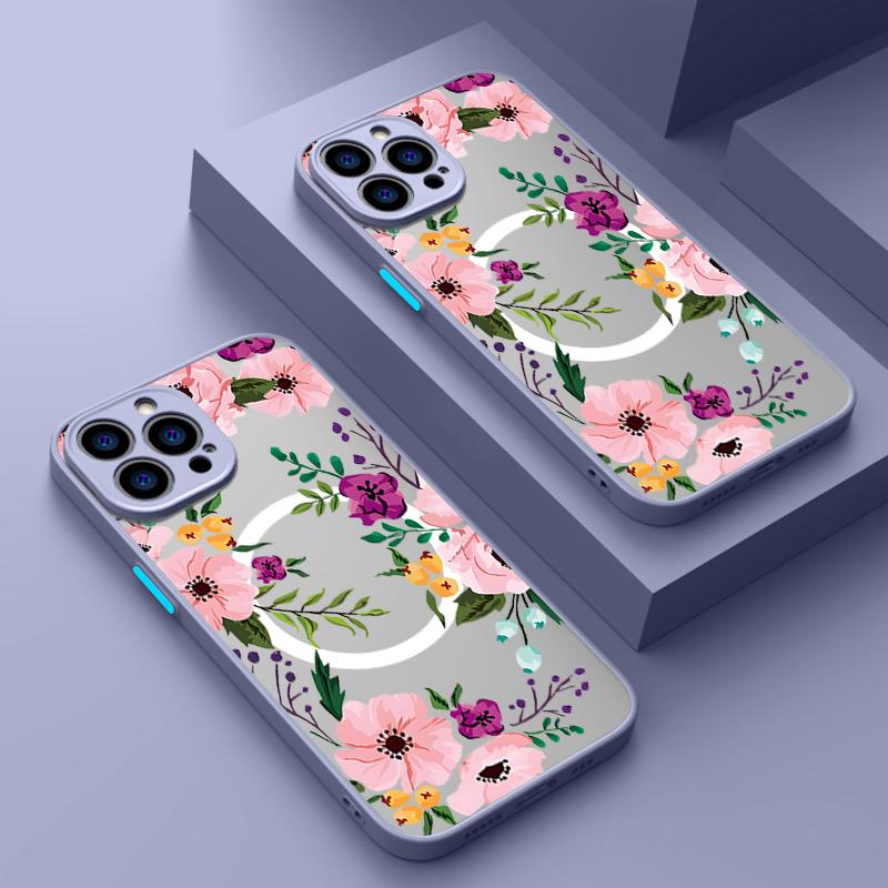 Colorful Flower Magnetic Case For iPhone 16 15 14 Pro Max 13 12 Pro 11 For Magsafe Wireless Charge Soft Edge Acrylic Phone Cover