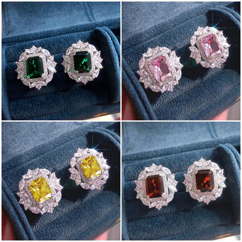 Luxury Green/Pink/Yellow/Red CZ Stud Earrings Women for Engagement Wedding Party Silver Color Fashion Design Jewelry Gift