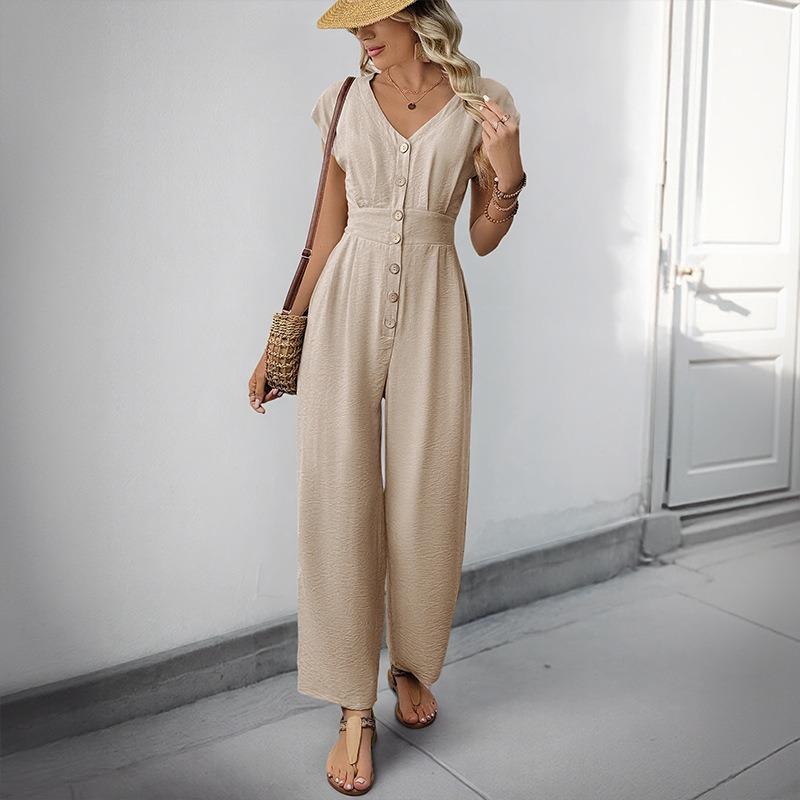 Женский новый комбинезон для отдыха и отпуска, простой, с V-образным вырезом, однотонный, эластичный, с высокой талией и широкими штанинами