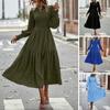 Fall Spring Women Dress Long Lantern Sleeves A-line Patchwork Round Neck Solid Color Pleated Bohemian Style Midi Dress Party Dating Dress