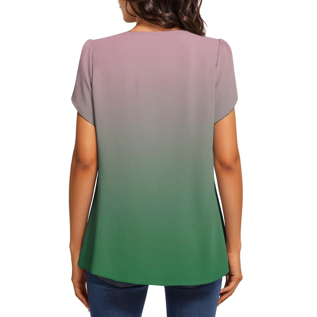 Женская модная футболка с круглым вырезом и коротким рукавом с градиентным принтом, повседневная базовая плиссированная футболка-пуловер